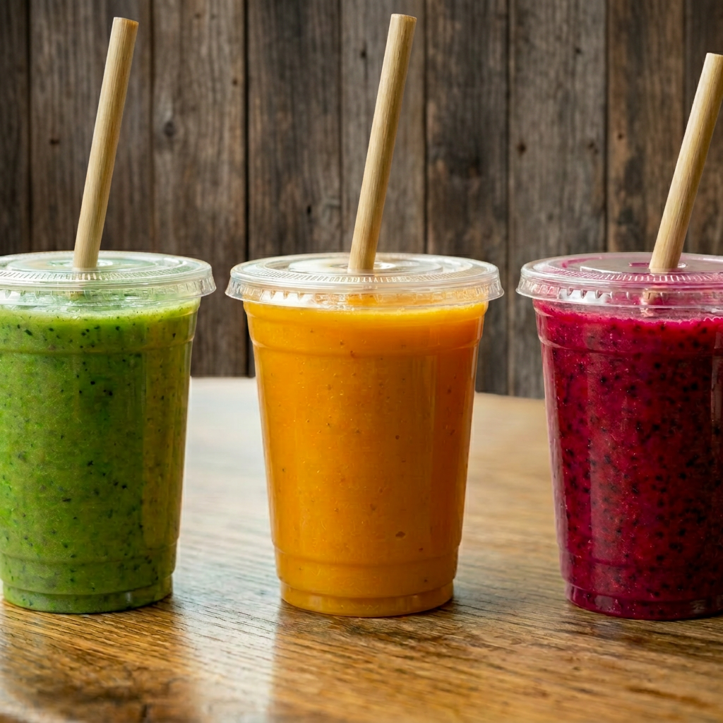 Three jars of berry smoothies on a wooden countertop, each with a straw and topped with fresh berries and mint leaves.